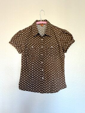 Y2K Broadway 100% Cotton Polka Dot Button-Front Blouse Brown/White Puff Sleeve